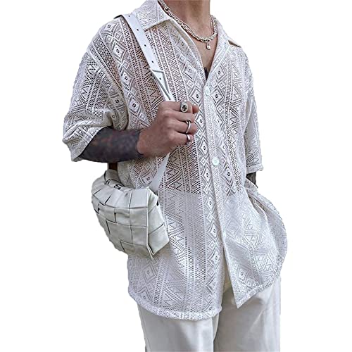 DAMEGA Herren-Spitzenhemd See Through Mesh Button Down Hemden Mode Nachtclub Party Clubwear Mesh Durchsichtige Muscle Tops von DAMEGA