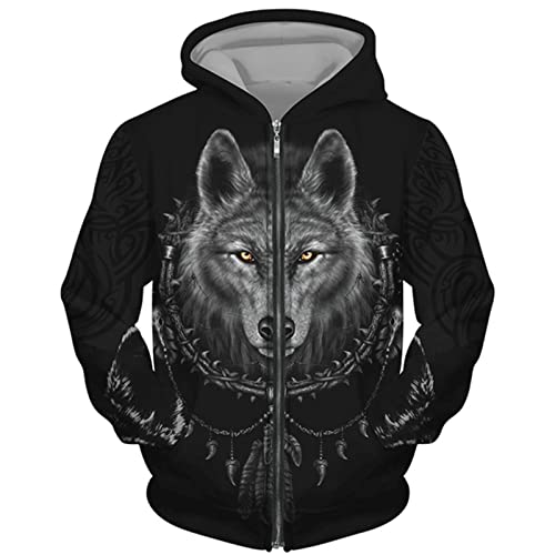 DAMEGA Männer Tier Wolf 3D gedruckt Hoodie Casual Reißverschluss Sweatshirt Pullover Langarm Sweatshirts Jacke von DAMEGA