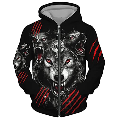 DAMEGA Männer Tier Wolf 3D gedruckt Hoodie Casual Reißverschluss Sweatshirt Pullover Langarm Sweatshirts Jacke von DAMEGA