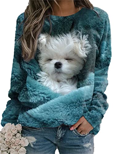Frauen 3D Katze Hund Print Shirts Langarm Rundhalsausschnitt Freizeit Pullover Sweatshirt von DAMEGA
