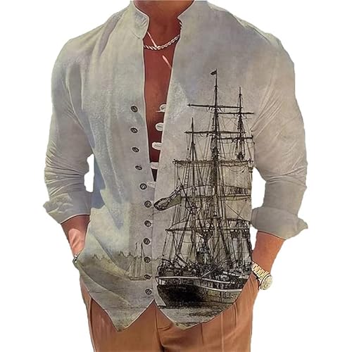 Herrenhemd Casual Stehkragen Hemd Vintage Segelboot Grafik Button Down Langarm Hemden Mode Special Button Tops Outdoor Street Blouse Henley Shirt von DAMEGA