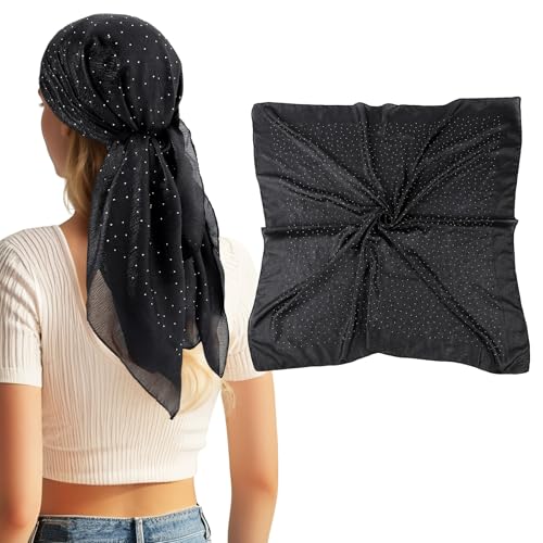 DAMILY 90 x 90 cm Bandana Damen Kopftuch Halstuch Mit Strass-Punkte Haarschal Sommer leicht Square Schal für Frauen sonnenschutz kopf（schwarz） von DAMILY