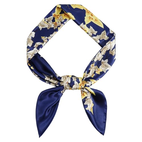 DAMILY Damen Schal Bandana mit buntem Blattmuster Seidenliebe Großer Satin Kopfschal 90 * 90cm (Blau) von DAMILY