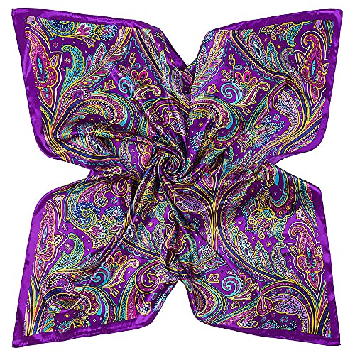 DAMILY Damen-Schal mit buntem Blattmotiv, Seide, groß, quadratisch, Satin, Kopftuch, 90 x 90 cm, A-violett, 36 von DAMILY