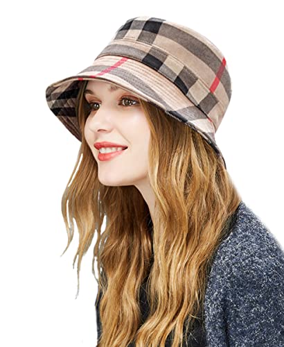 DAMILY Fischerhut Damen Karierter Sonnenhut Vintage Bucket Hat Faltbar Frauen Angelhut UV Schutz 50 (Beige) von DAMILY