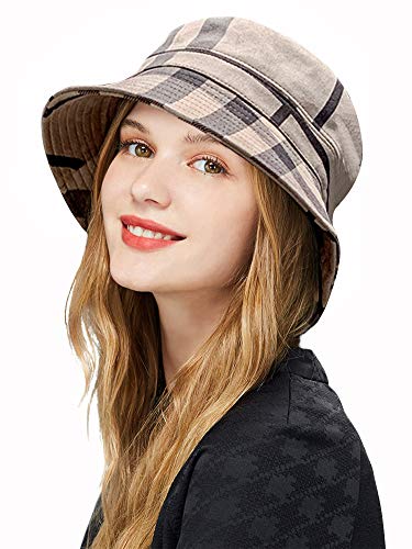 DAMILY Eimer Hut Frauen Vintage Plaid Fisherman Cap Draussen Reise Samt Sonnenschutz Hüte (Schwarzgrau) von DAMILY