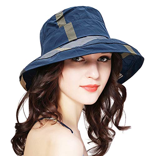 DAMILY Mode Karierte Eimerhüte Große Krempe Fisherman Sunshade Cap Patchwork Regensichere Hüte (Marine) von DAMILY