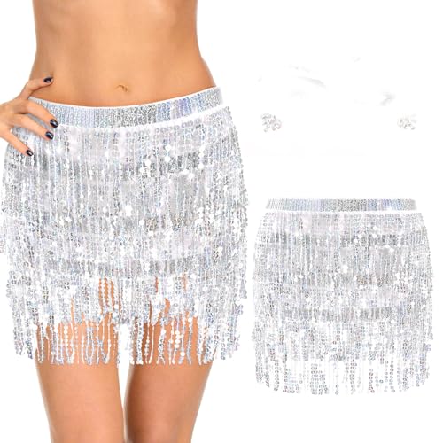 DAMILY Pailletten Bauchtanz Rock Karneval Hip Wrap mit Meerjungfrau Gesicht Edelsteine Combo Halloween Kostüm (Pailletten, Silber) von DAMILY