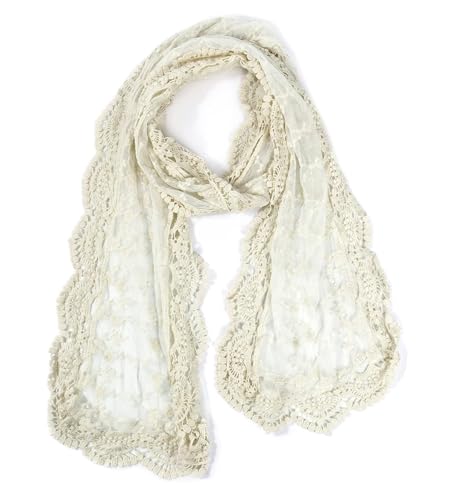 DAMILY Schals & Tücher für Damen mit Spitzenmuster, Schöner Weicher Halstuch und Musselin Tuch für Frauen, Langer Baumwolle Festliche Stola (Beige) von DAMILY
