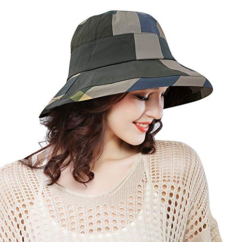 DAMILY Tartan Plaid Bucket Hats für Frauen Aufrollen Atmungsaktiv Draussen Sunscreen Caps (Grün) von DAMILY