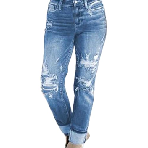 DAMYTION Bauchkontrolle Distressed Cuffed Boyfriend Jeans Zerrissene gerade Damenhose Übergröße Skinny High Waist Jeans, Blau mit neun Punkten, L von DAMYTION