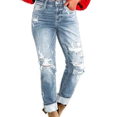 DAMYTION Bauchkontrolle Distressed Cuffed Boyfriend Jeans Zerrissene gerade Damenhose Übergröße Skinny High Waist Jeans, Hellblau Extended, L von DAMYTION