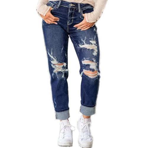 DAMYTION Bauchkontrolle Distressed Cuffed Boyfriend Jeans Zerrissene gerade Damenhose Übergröße Skinny High Waist Jeans, Marineblau, regulär, XL von DAMYTION