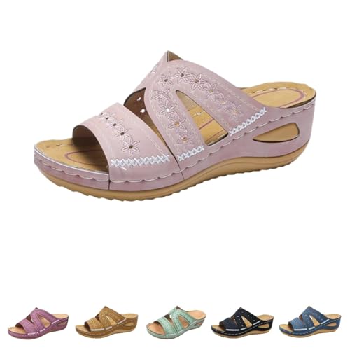 DAMYTION Blisscomfy Arch Support Wide Toe Box Open Toe Sandalen Keilsandalen Dämpfende Sohle Orthopädische Sandalen für Damen, rose, 36(5.5) von DAMYTION