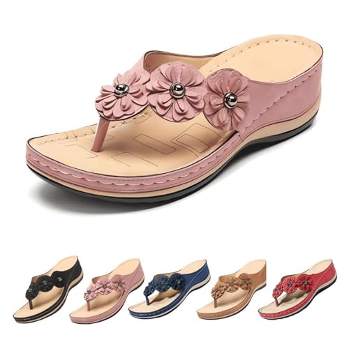 DAMYTION Damen Orthopädische Fußgewölbeunterstützung Blumen Clip Toe Sandalen Flip Flop Sandalen Bohemian Sandalen Floral Wedges Sandalen, rose, 36(6) von DAMYTION