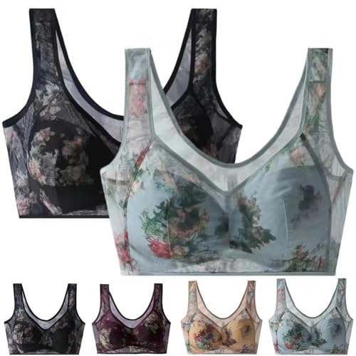 DAMYTION ElleBloom - Ice Silk Lace Kühlender Komfort-BH, Knopfloser Komfort-BH, Nahtloser Drahtloser Push-Up-BHs für ältere Menschen, 2 Stück, E, XX-Large DAMYTION ElleBloom - Ice Silk Lace Kühlender Komfort-BH, Knopfloser Komfort-BH, Nahtloser Drahtloser Push-Up-BHs für ältere Menschen, 2 Stück, E, XX-Large von DAMYTION