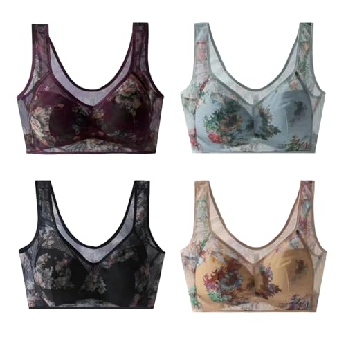 DAMYTION ElleBloom - Ice Silk Lace Kühlender Komfort-BH, Knopfloser Komfort-BH, Nahtloser Drahtloser Push-Up-BHs für ältere Menschen, 4 Stück - A, 4X-Large von DAMYTION