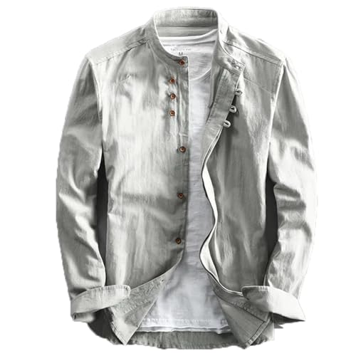 DAMYTION Herren Hemd Japan Stil Langarm Casual Button Up Hemd Vintage Stehkragen Mode Shirts, Hellgrau, XXL von DAMYTION