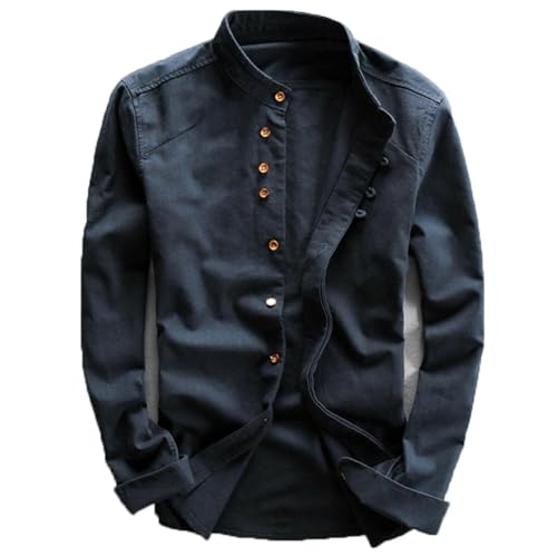 DAMYTION Herren Hemd Japan Stil Langarm Casual Button Up Hemd Vintage Stehkragen Mode Shirts, Marineblau, L von DAMYTION