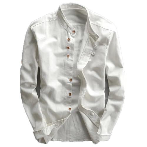 Soulona Hemd Japan Stil Hemd Langarm Casual Button Up Hemd Vintage Hemden Stehkragen Mode Shirts, weiß, 3XL von DAMYTION
