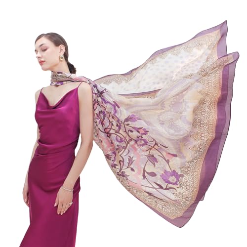 DANA XU 100% Maulbeer-Satin-Seide Sommer Reise Schal Extra Große Frauen Floral Schal Oversize Weiche Wraps Für Abendkleider, B 28 Kaffee, 90 * 43.3 inches (2.3 * 1.1m) von DANA XU