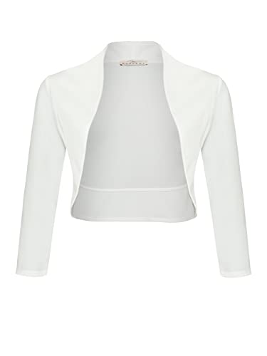 Damen Bolero Festlich Strickjacke Elegant Schulterjacke 3/4 Ärmel Kurz Top (708), Grösse:L, Farbe:Weiß von DANAEST