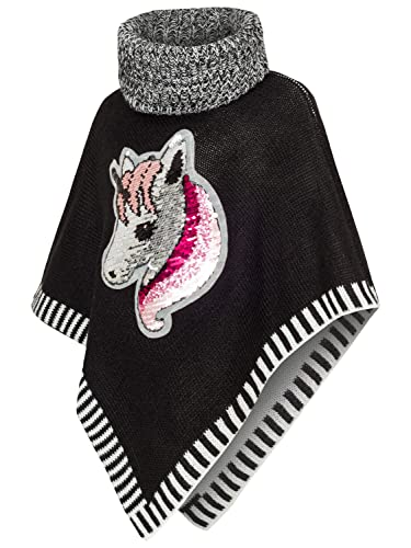 DANAEST Kinder Mädchen Strick Poncho Einhorn Rollkragen Pullover Umhang mit Wende -Pailletten (687) (Schwarz, 104/4 Jahre) von DANAEST