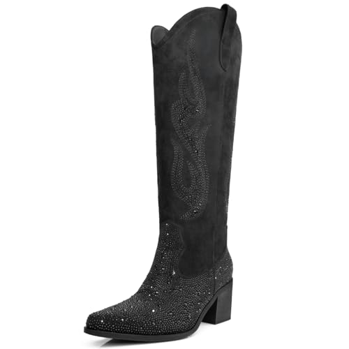 DANAZANA Kniehohe Cowgirl-Stiefel für Damen, breite Wade, Strasssteine, Cowboystiefel, spitzer Zehenbereich, bestickt, glitzernder Stiefel mit seitlichem halbem Reißverschluss, glitzernd, Größe 39-45 von DANAZANA