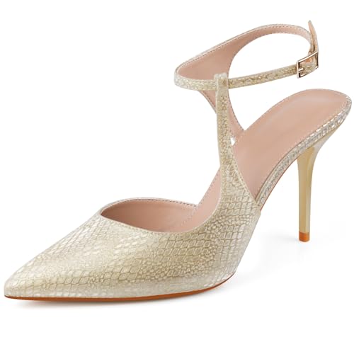 DANAZANA Damen-Pumps mit Knöchelriemen, geschlossen, spitzer Zehenbereich, Schnalle, Slingback-Ferse, bequemes Kleid, Kätzchen-Absätze, Sandalen für Büro, Hochzeit, Party, Größe 39-46, Goldfarben, 37 von DANAZANA