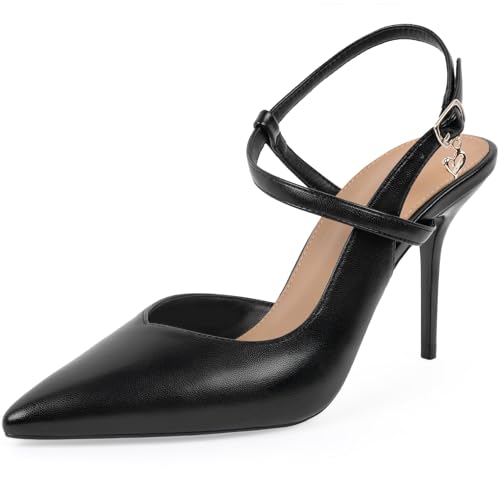 DANAZANA Damen-Pumps mit Knöchelriemen, geschlossen, spitzer Zehenbereich, Schnalle, Slingback-Ferse, bequemes Kleid, Kätzchen-Absätze, Sandalen für Büro, Hochzeit, Party, Größe 39-46, Schwarzes PU von DANAZANA