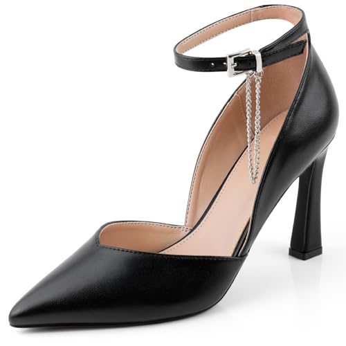 DANAZANA Damen-Pumps mit Knöchelriemen, geschlossen, spitzer Zehenbereich, Schnalle, Slingback-Ferse, bequemes Kleid, Kätzchen-Absätze, Sandalen für Büro, Hochzeit, Party, Größe 39-46, C-schwarzes PU von DANAZANA