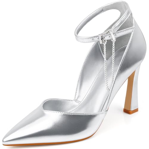 DANAZANA Damen-Pumps mit Knöchelriemen, geschlossen, spitzer Zehenbereich, Schnalle, Slingback-Ferse, bequemes Kleid, Kätzchen-Absätze, Sandalen für Büro, Hochzeit, Party, Größe 39-46, C-Silber PU, 36 von DANAZANA