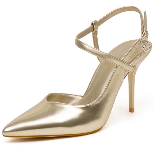 DANAZANA Damen-Pumps mit Knöchelriemen, geschlossen, spitzer Zehenbereich, Schnalle, Slingback-Ferse, bequemes Kleid, Kätzchen-Absätze, Sandalen für Büro, Hochzeit, Party, Größe 39-46, Gold-PU, 36 EU von DANAZANA