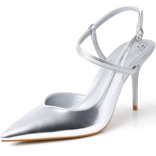 DANAZANA Damen-Pumps mit Knöchelriemen, geschlossen, spitzer Zehenbereich, Schnalle, Slingback-Ferse, bequemes Kleid, Kätzchen-Absätze, Sandalen für Büro, Hochzeit, Party, Größe 39-46, Silber-PU, 38.5 von DANAZANA