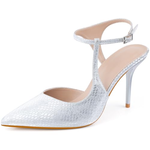 DANAZANA Damen-Pumps mit Knöchelriemen, geschlossen, spitzer Zehenbereich, Schnalle, Slingback-Ferse, bequemes Kleid, Kätzchen-Absätze, Sandalen für Büro, Hochzeit, Party, Größe 39-46, Silber von DANAZANA