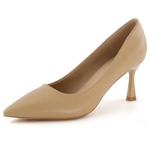 DANAZANA Kitten Heels Pumps für Damen, spitz, geschlossener Zehenbereich, Schuhe für Arbeit, Hochzeit, Party, Slip-On-Pumps, Schuhe für Damen, Größe 39-45, Helles Khaki PU, 39.5 EU von DANAZANA