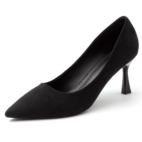 DANAZANA Kitten Heels Pumps für Damen, spitz, geschlossener Zehenbereich, Schuhe für Arbeit, Hochzeit, Party, Slip-On-Pumps, Schuhe für Damen, Größe 39-45, Schwarzes Wildleder, 40 EU von DANAZANA