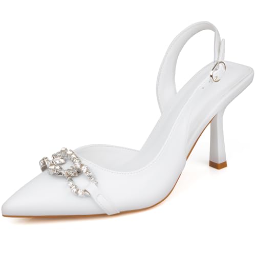 DANAZANA Slingback-Absatzschuhe für Damen, geschlossen, spitzer Zehenbereich, Kristall, Brautschmuck, Hochzeit, Stiletto, Schuhe, Schlupfsandalen, Schnallenriemen, Kätzchen-Absätze, Größe 39-45 von DANAZANA