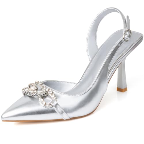 DANAZANA Slingback-Absatzschuhe für Damen, geschlossen, spitzer Zehenbereich, Kristall, Brautschmuck, Hochzeit, Stiletto, Schuhe, Schlupfsandalen, Schnallenriemen, Kätzchen-Absätze, Größe 39-45 von DANAZANA