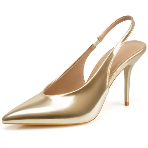 DANAZANA Stiletto Slingback High Heels, spitze Zehen, Schlupfsandalen, Stretch-Riemen, geschlossene Zehenpartie, Kitten-Heels, Pumps für Büro, Hochzeit, Größe 39-45, Gold, 39 EU von DANAZANA