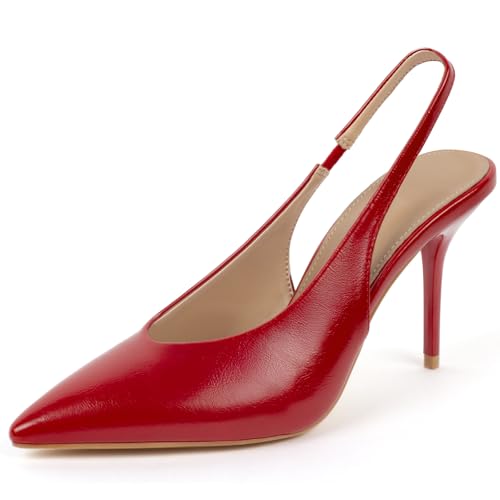 DANAZANA Stiletto Slingback High Heels, spitze Zehen, Schlupfsandalen, Stretch-Riemen, geschlossene Zehenpartie, Kitten-Heels, Pumps für Büro, Hochzeit, Größe 39-45, Rot/Ausflug, einfarbig (Getaway von DANAZANA