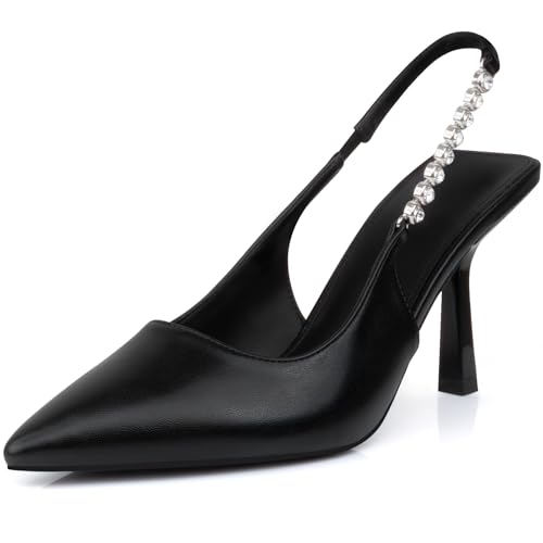 DANAZANA Stiletto Slingback High Heels, spitze Zehen, Schlupfsandalen, Stretch-Riemen, geschlossene Zehenpartie, Kitten-Heels, Pumps für Büro, Hochzeit, Größe 39-45, Schwarzes PU., 38.5 EU von DANAZANA