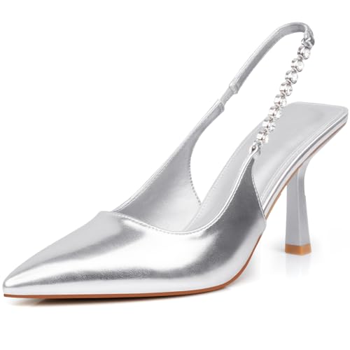 DANAZANA Stiletto Slingback High Heels, spitze Zehen, Schlupfsandalen, Stretch-Riemen, geschlossene Zehenpartie, Kitten-Heels, Pumps für Büro, Hochzeit, Größe 39-45, Silber-PU, 38.5 EU von DANAZANA