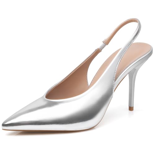 DANAZANA Stiletto Slingback High Heels, spitze Zehen, Schlupfsandalen, Stretch-Riemen, geschlossene Zehenpartie, Kitten-Heels, Pumps für Büro, Hochzeit, Größe 39-45, Splitter, 40 EU von DANAZANA