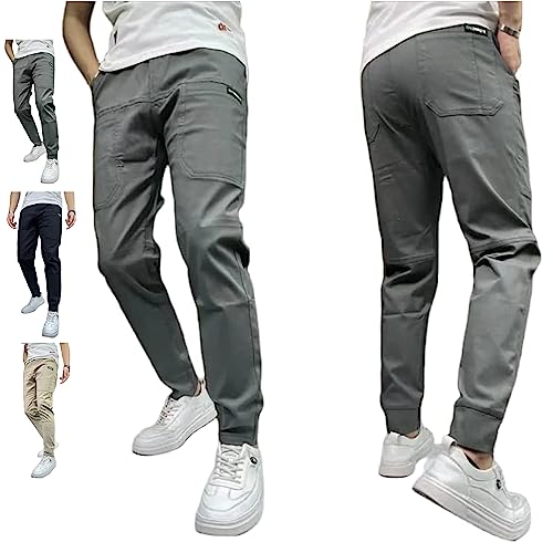 DANC Men's High Stretch Multi-Pocket Skinny Cargo Pants, 2023 New Elastic Waist Drawsting Casual Mens Skinny Stretch Cargo Pants (Gray,30) von DANC