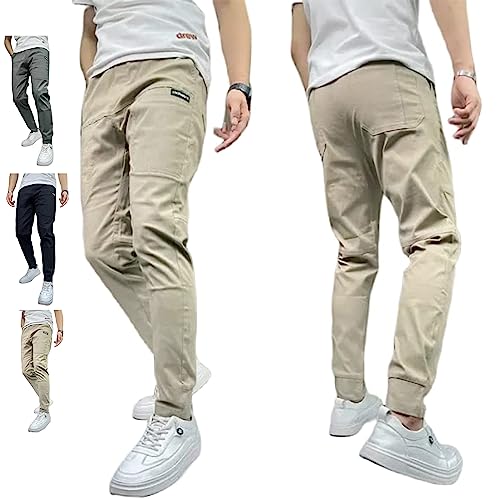 DANC Men's High Stretch Multi-Pocket Skinny Cargo Pants, 2023 New Elastic Waist Drawsting Casual Mens Skinny Stretch Cargo Pants (Khaki,32) von DANC