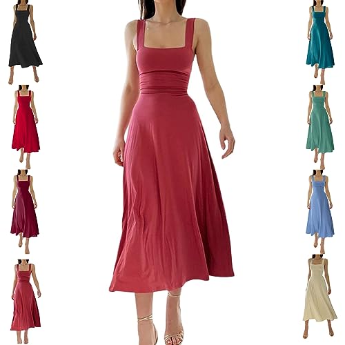 New Women's Thick Straps MIDI Dress, Solid Color Ruffle A Line Beach Slim-fit Waist Dress (F,S) von DANC