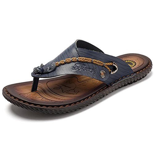 DANDANJIE Herren Leder Flip Flops Mode lässig Strand Sandalen im Sommer atmungsaktive Hausschuhe (Color : Blue, Größe : 46) von DANDANJIE