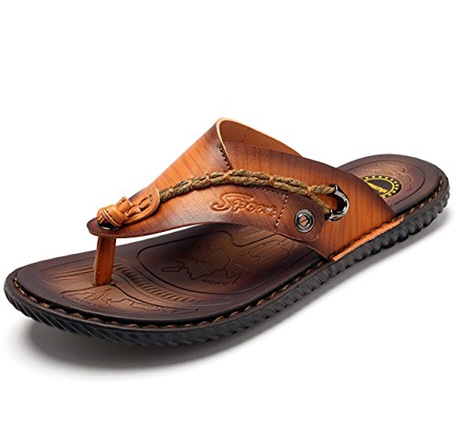 DANDANJIE Herren Leder Flip Flops Mode lässig Strand Sandalen im Sommer atmungsaktive Hausschuhe (Color : Brown, Größe : 40) von DANDANJIE