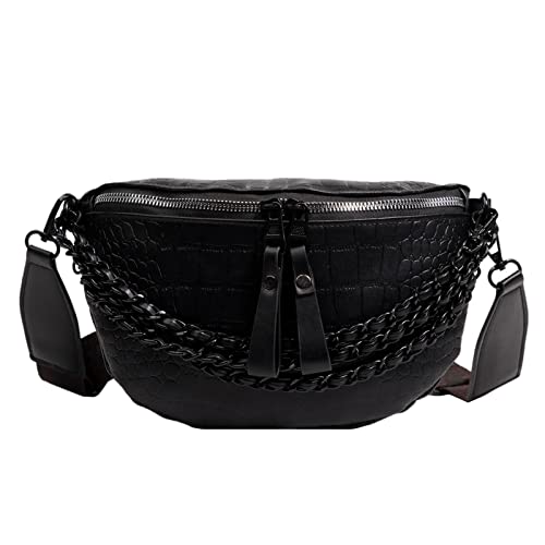 Bauchtasche Frauen Weiches Leder Hüfttasche Brusttasche Umhängetasche Kette Fanny Pack Lady Street Trend Gürtel Taschen Geldbörse, Schwarz von DANETI